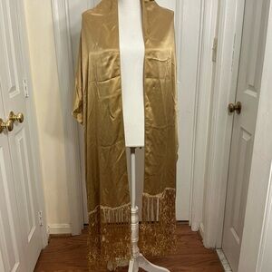 Gold Satin Fringe Shawl Wrap Evening Formal Vintage Style Long Scarf